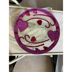 Fused Glass 14 1/2" Heart Valentines Love Decor Platter Plate Red Pink